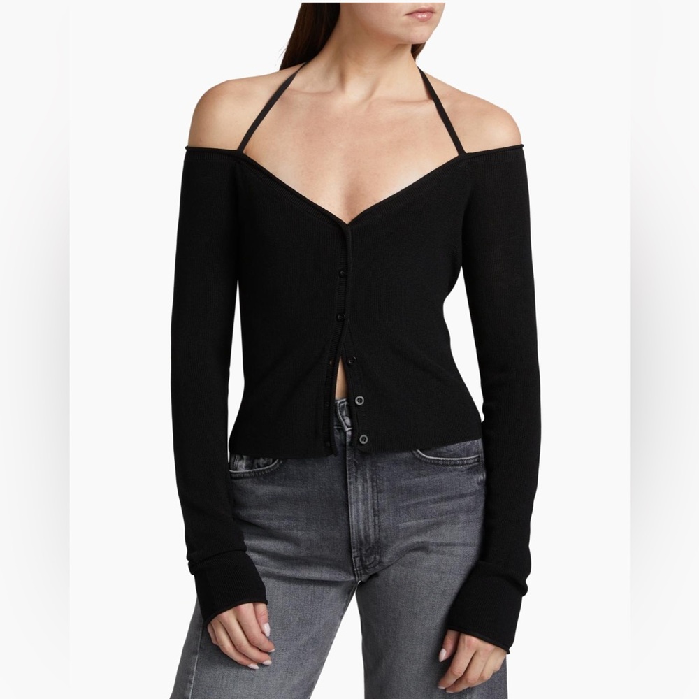 Good American Stretch Rib Knit Off Shoulder Top